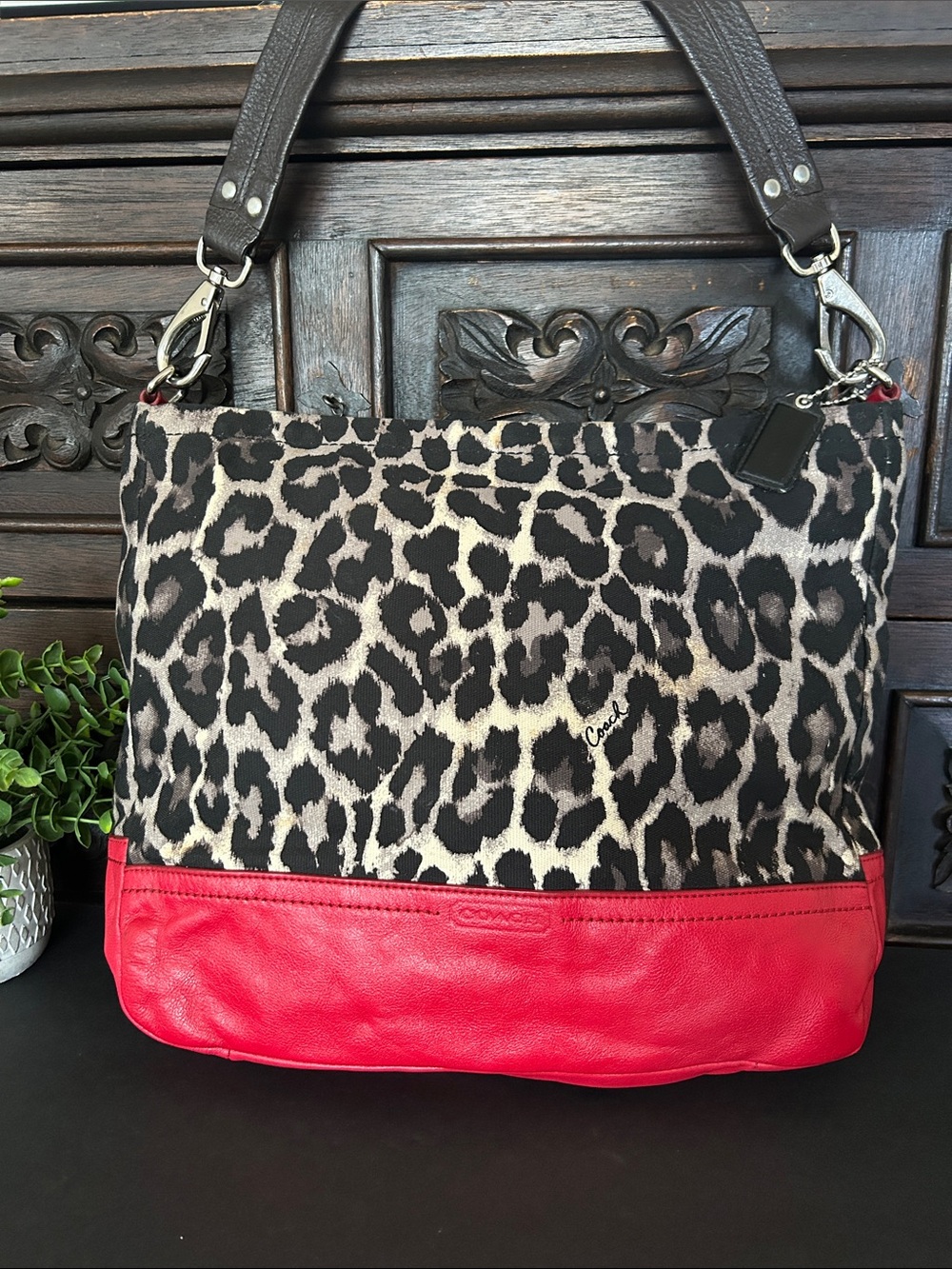 Coach Leopard Print Canvas Shoulder Bag with Red Leather Trim